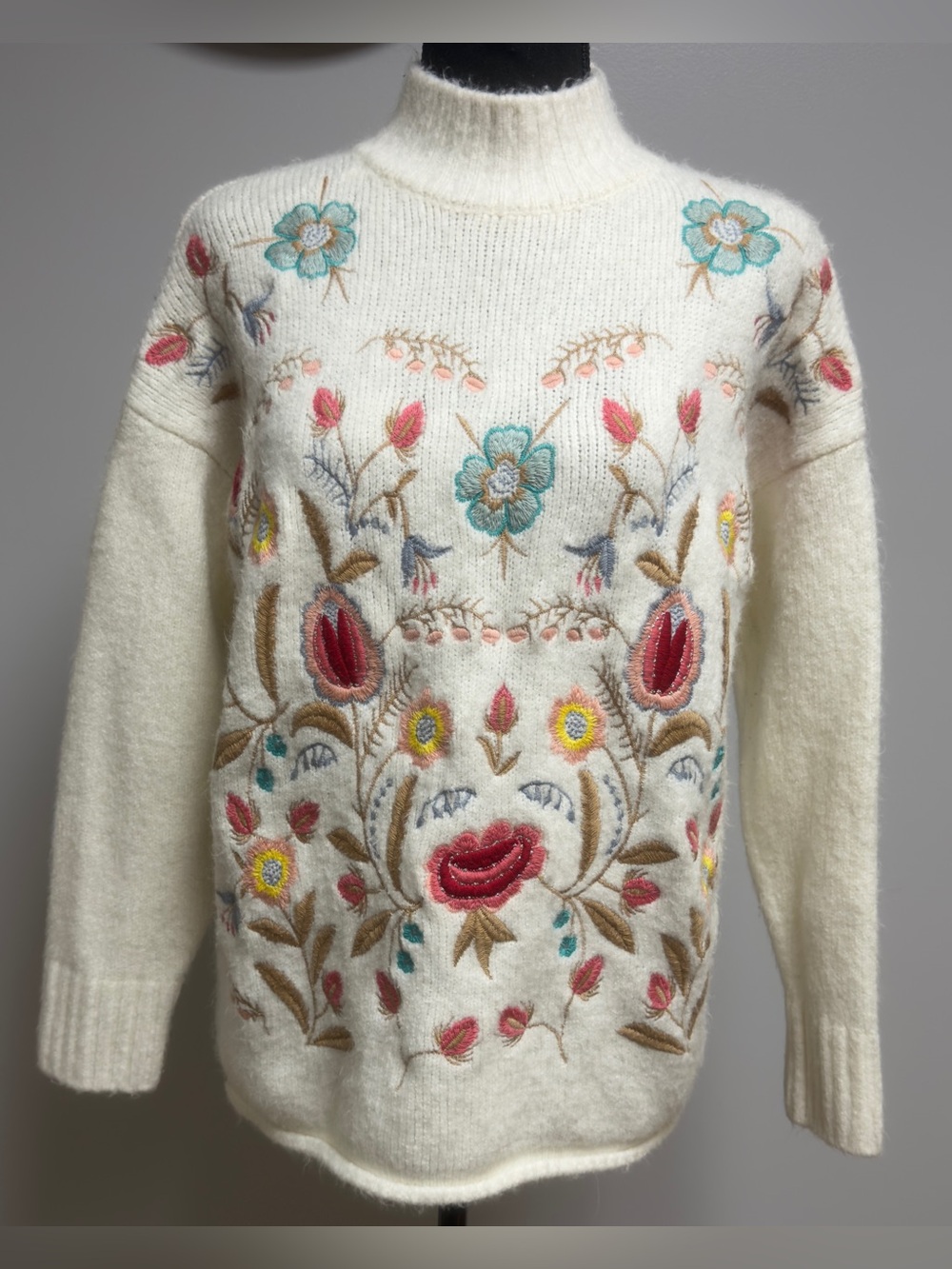Vintage Michelle Nicole Floral Embroidered Knit Sweater Ivory Cottagecore Small